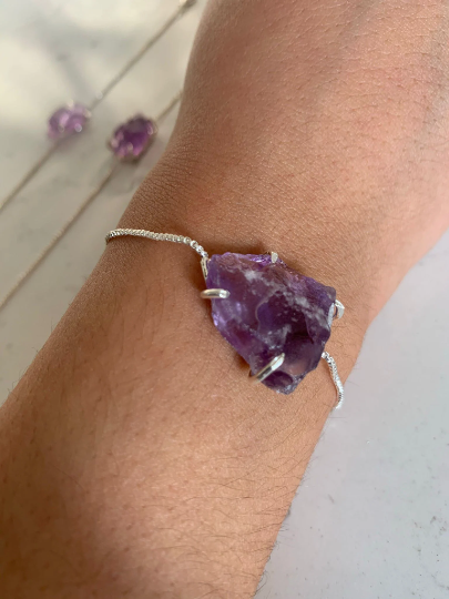 Silver Plated Natural Aquamarine or Amethyst Crystal Bracelet